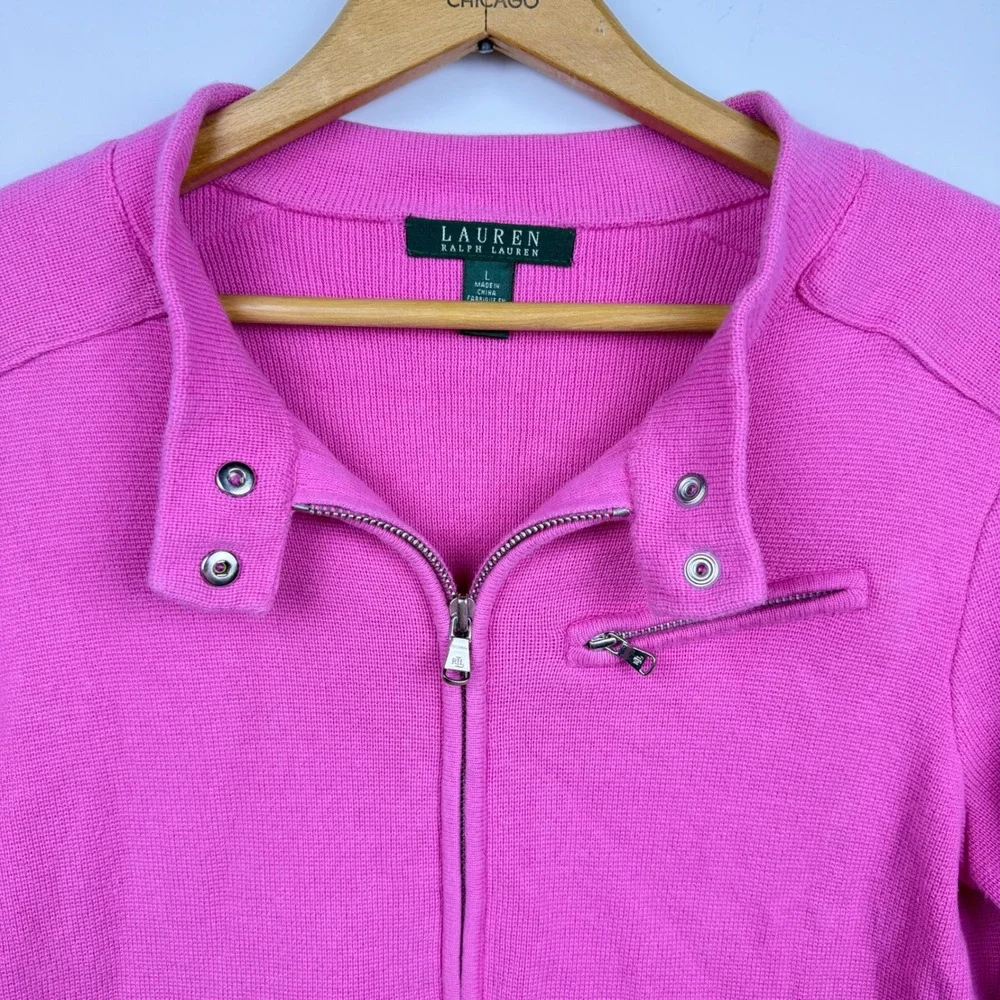 Lauren Ralph Lauren Pink Moto Full Zip Knit Cardigan Sweater Large
